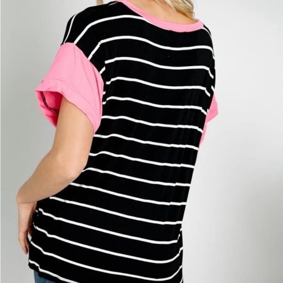 E. Luna Black &white striped with pink sleeves Top size Large EUC - Picture 2 of 5